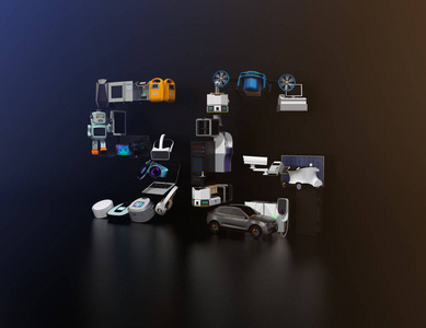 藍色背景上的智能設備?；ヂ摼W的東西和家庭自動化的概念。消費產品。3d 渲染圖像